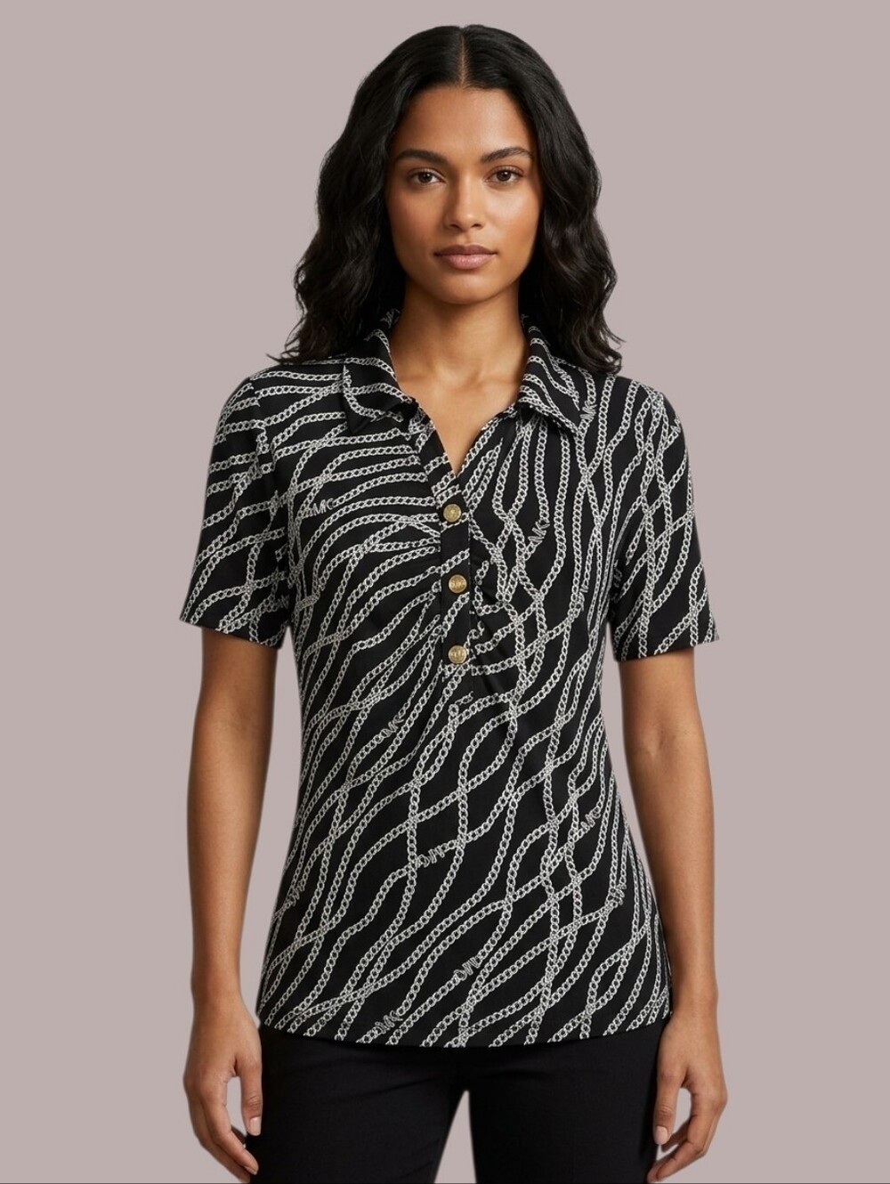 Michael Kors Black Chain-Print Short Sleeve Button Down Shirt size M